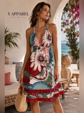 Y Apparel Halter Dress Large Boho Floral Tropical Ruffle Sundress Beach Resort Z
